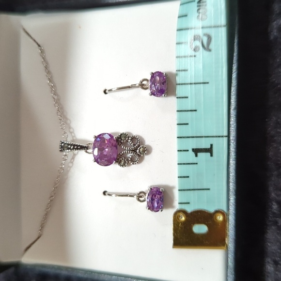 Unbranded Sterling Silver Amethyst Cubic Zirconia Pendant Necklace & Earrings - Picture 6 of 7